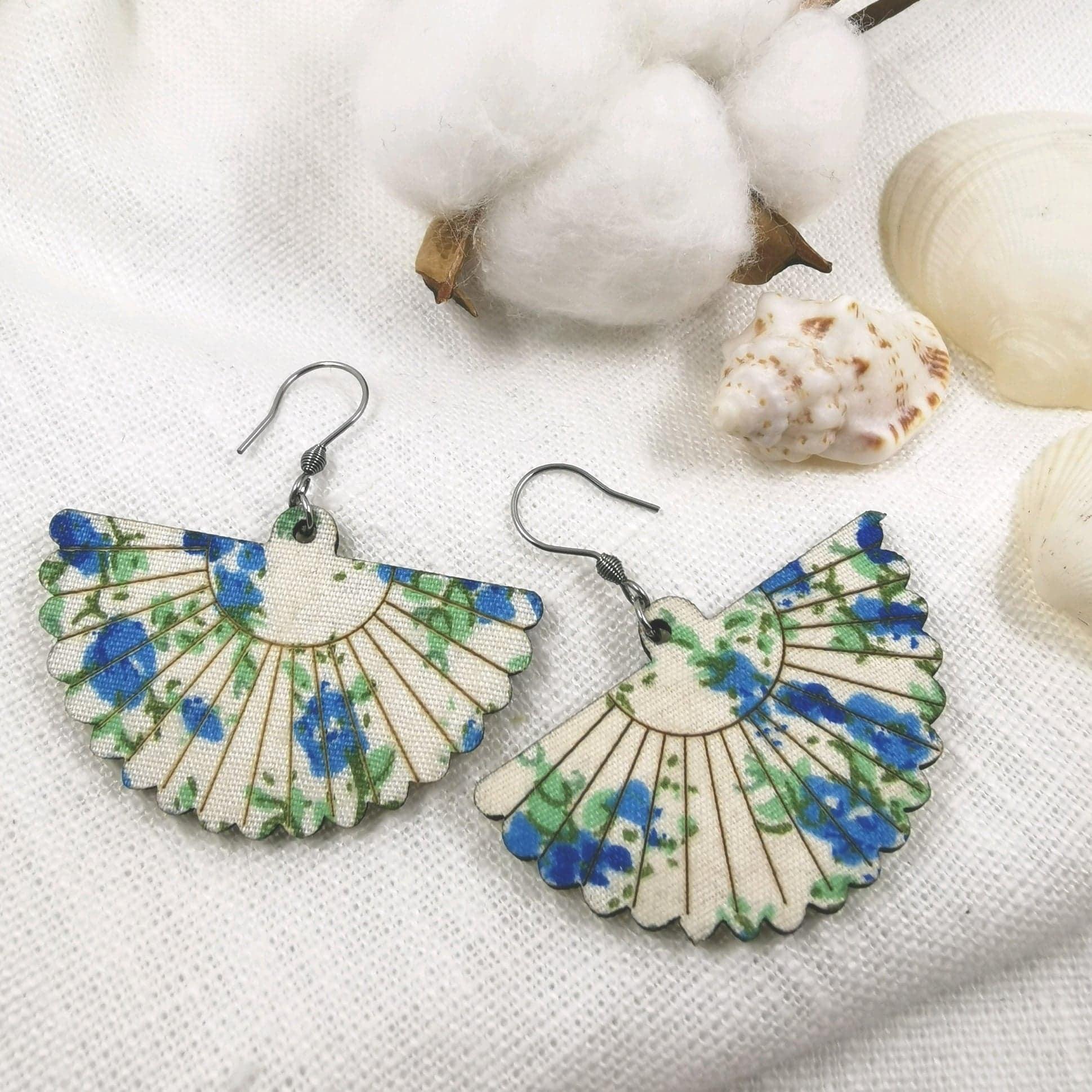 Wooden earrings, Fan Shaped Earrings with Blue Roses