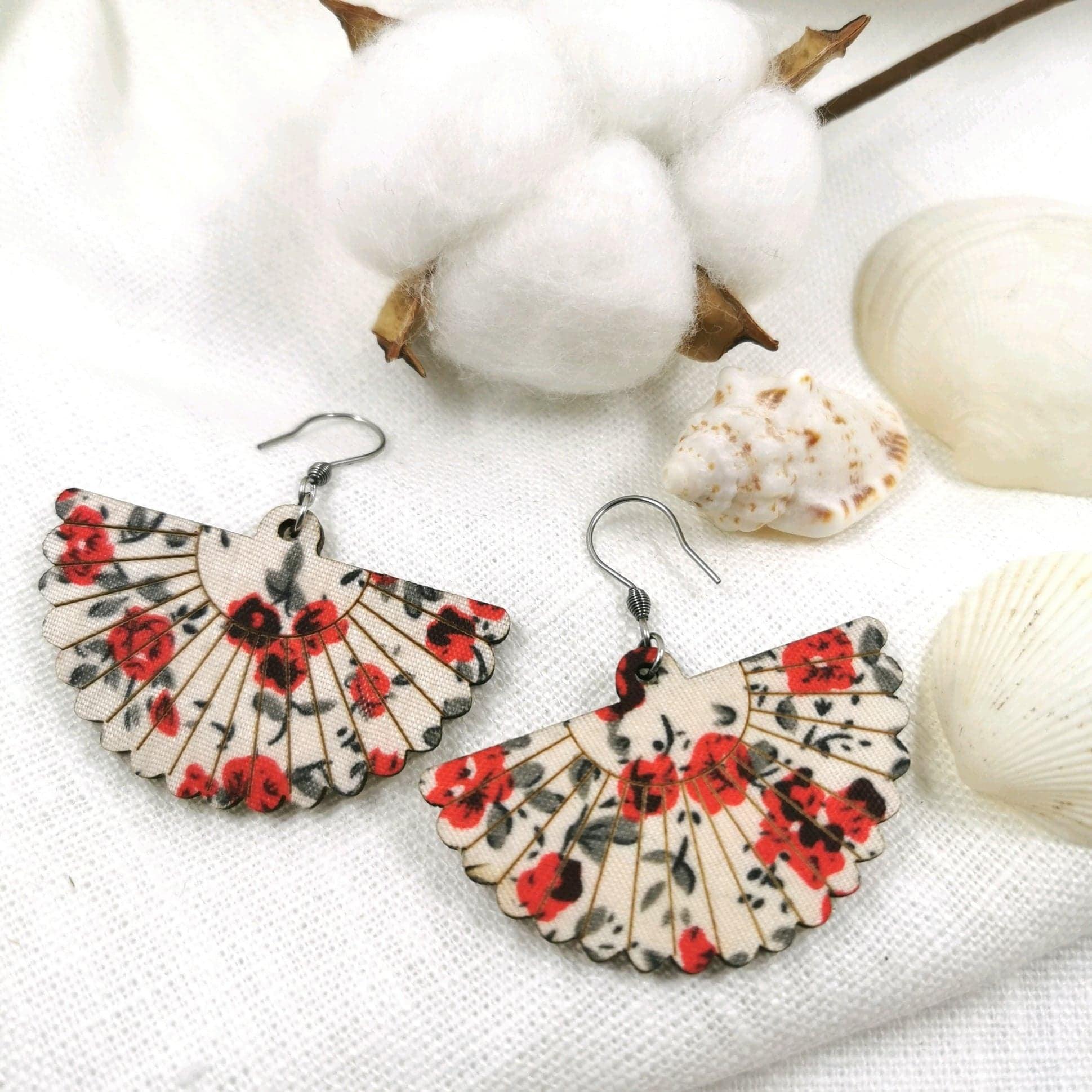 Wooden earrings, Fan Shaped Earrings with Red Roses