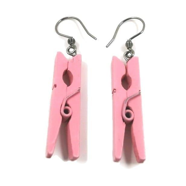 Wooden Earrings, Pink Clothes Peg