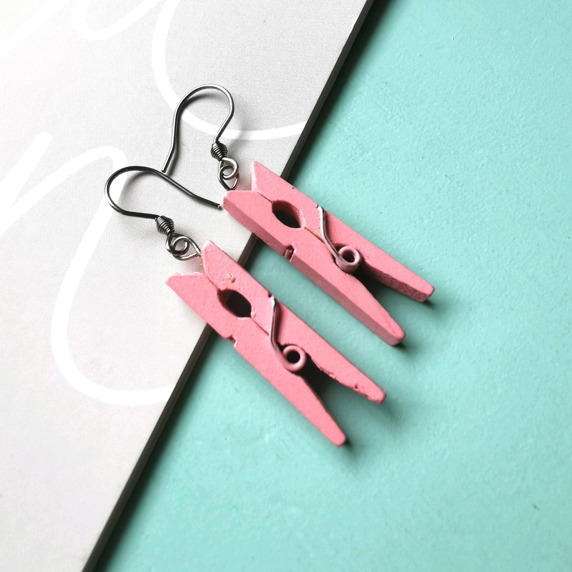 Wooden Earrings, Pink Clothes Peg