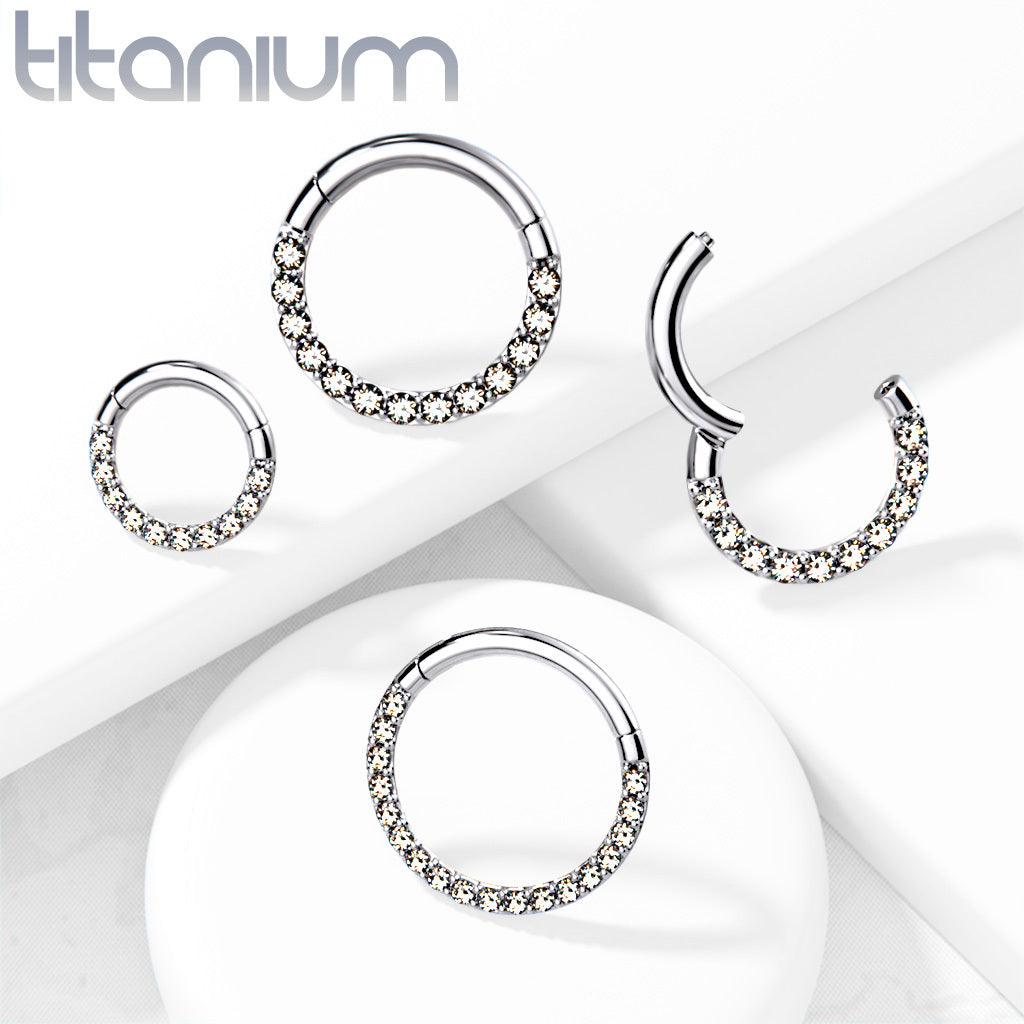 Piercing ring, Front Facing Titanium Hinged Hoop Rings with CZ