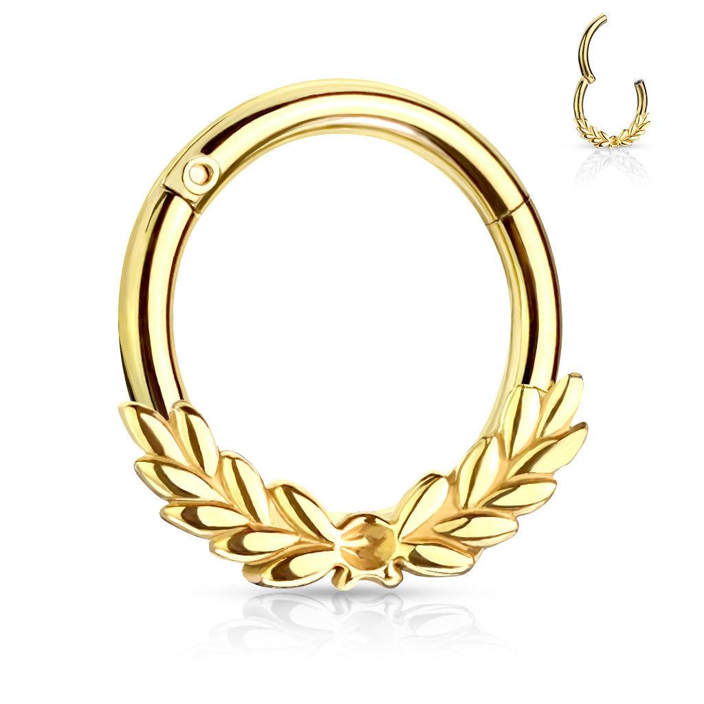 Piercing ring, Laurel Leaves Front Hinged Hoop Rings in Gold