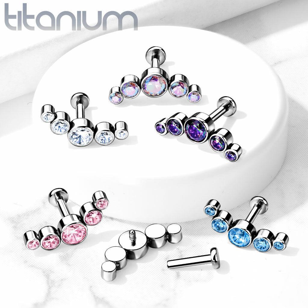 Cartilage jewelry/tragus jewelry, Titanium 5 CZ Bezel Set Curve Top in AB