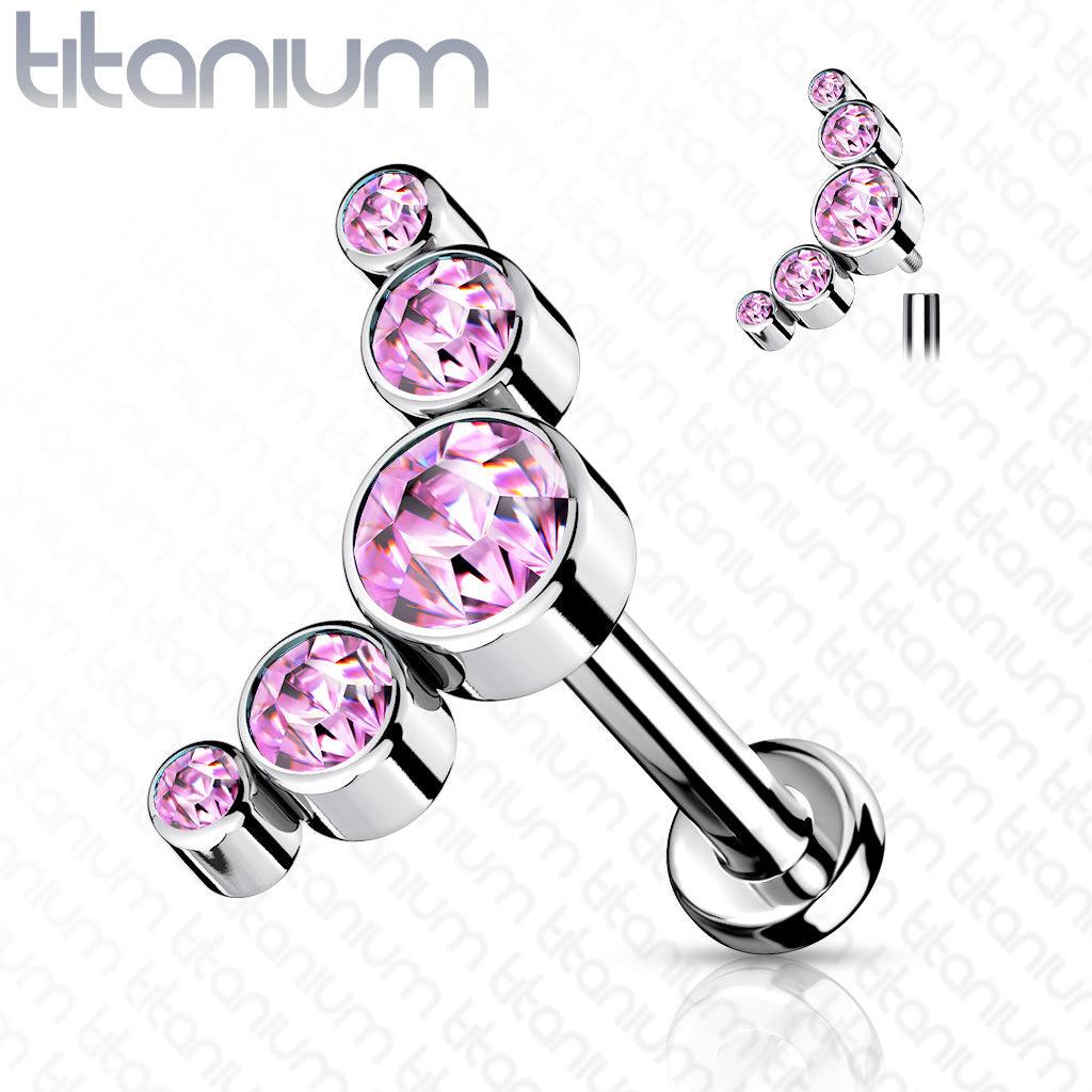 Cartilage jewelry/tragus jewelry, Titanium 5 CZ Bezel Set Curve Top in Pink