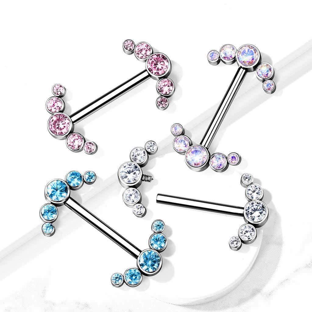 Nipple barbell, Titanium Barbells with 5 Bezel Set CZ in Clear