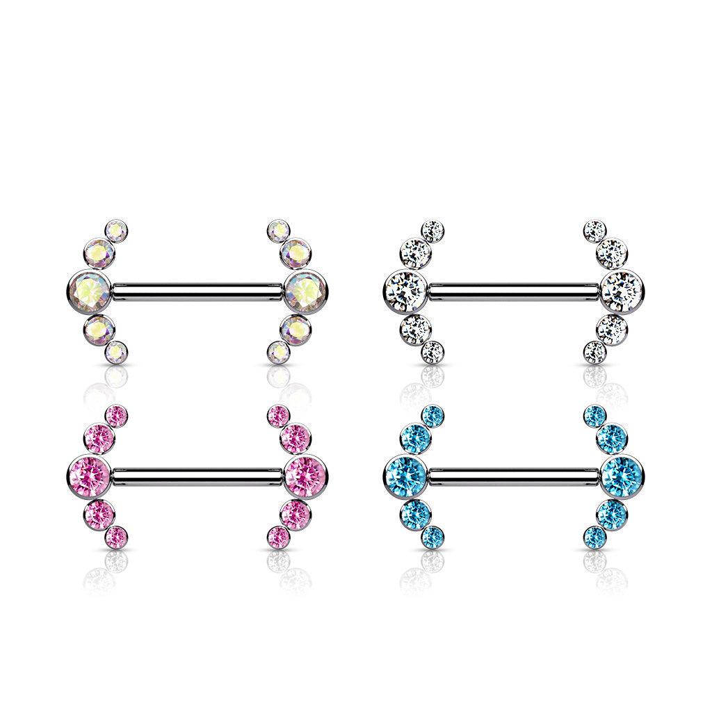 Nipple barbell, Titanium Barbells with 5 Bezel Set CZ in Clear