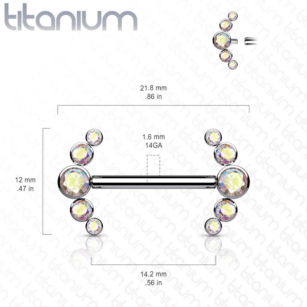 Nipple barbell, Titanium Barbells with 5 Bezel Set CZ in Clear