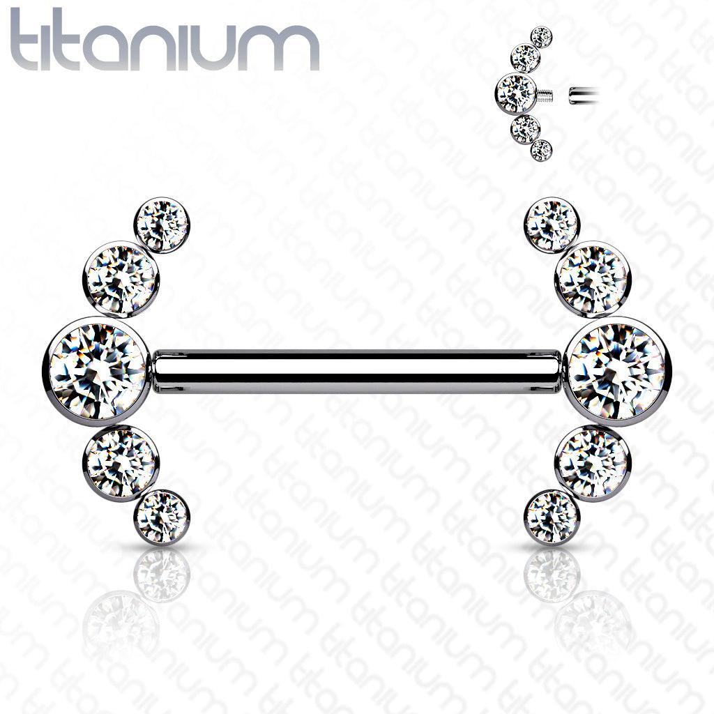 Nipple barbell, Titanium Barbells with 5 Bezel Set CZ in Clear