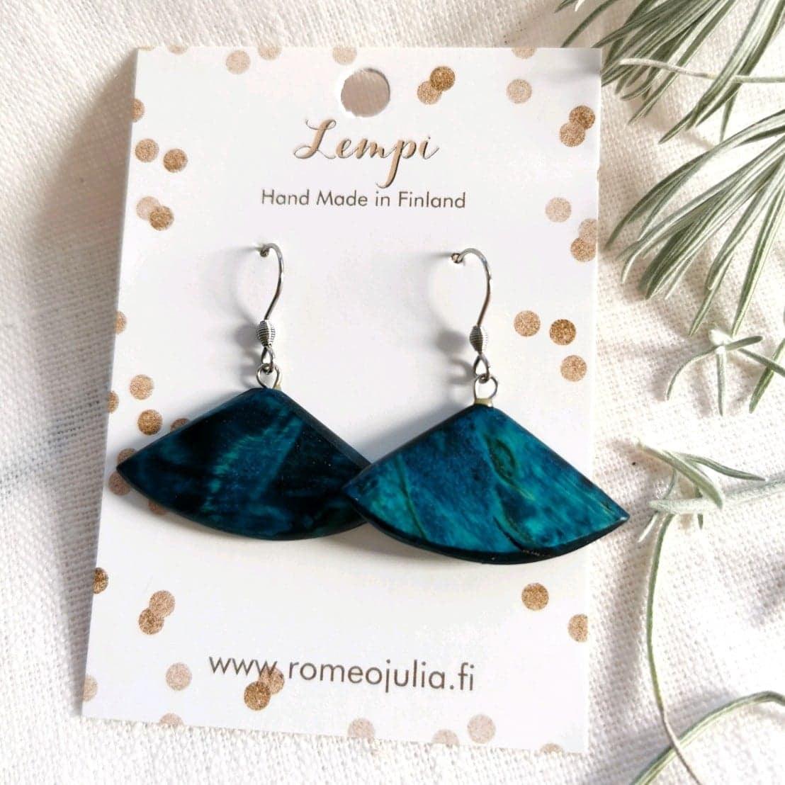 LEMPI earrings, Triangle (turquoise, curly birch)