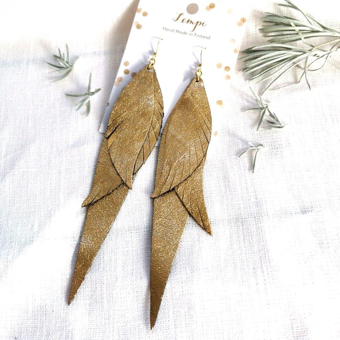 LEMPI earrings, Wings 2.0. (gold, leather)