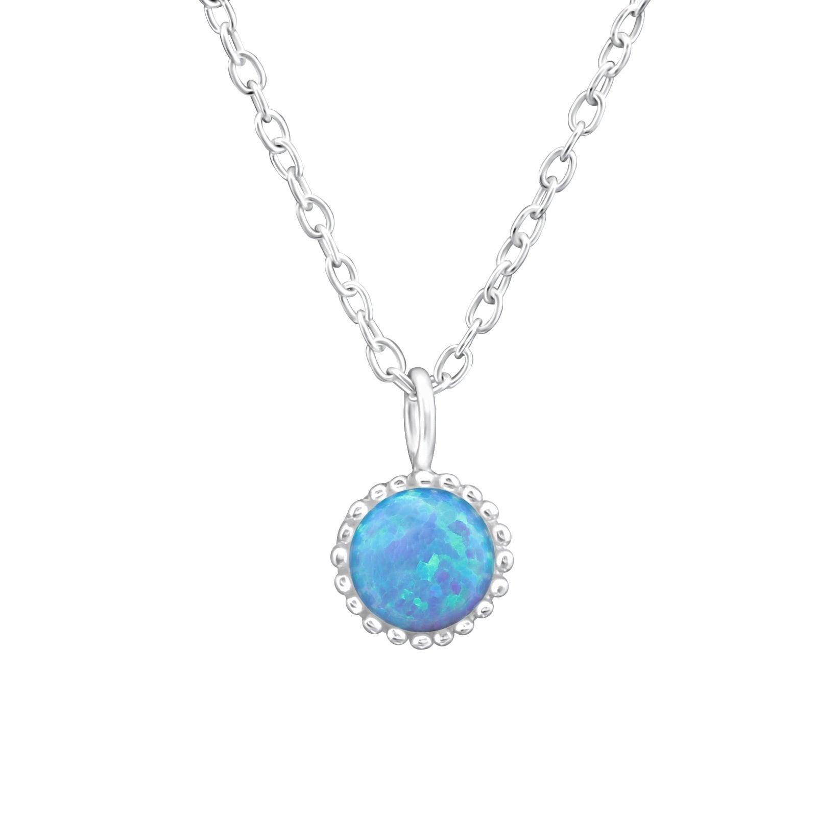 Silver Necklace, Round Imitation Opal in Blue