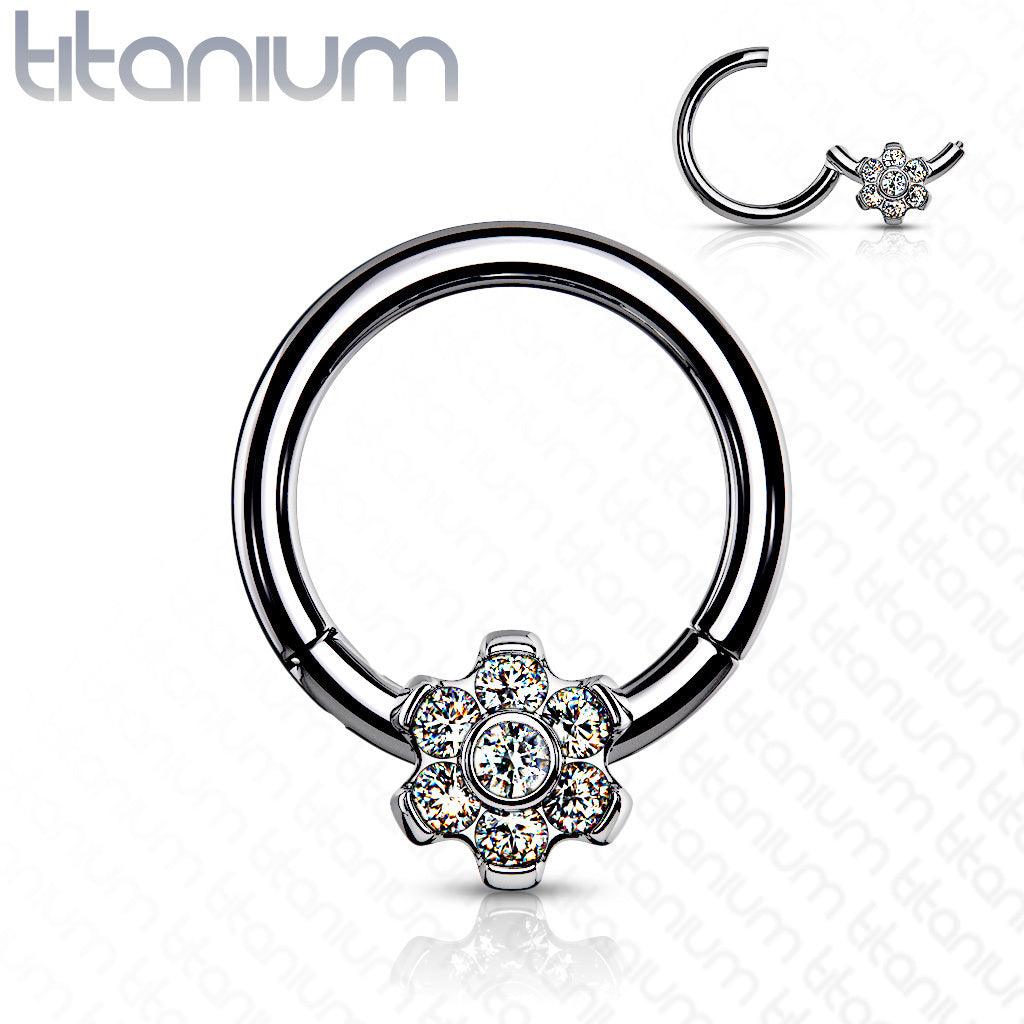 Piercing ring, Implant Grade Titanium Ring with CZ Flower