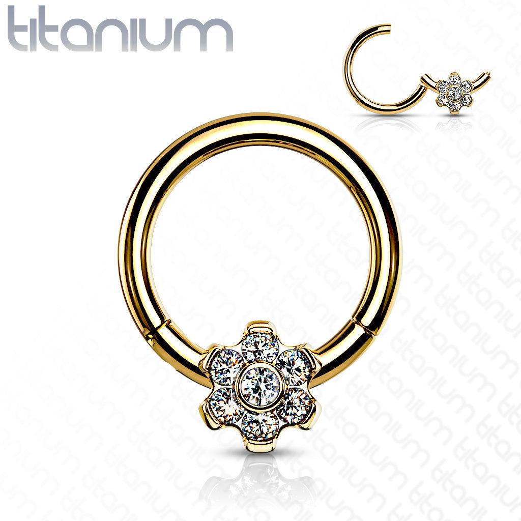 Piercing ring, Implant Grade Titanium Ring with CZ Flower in Gold