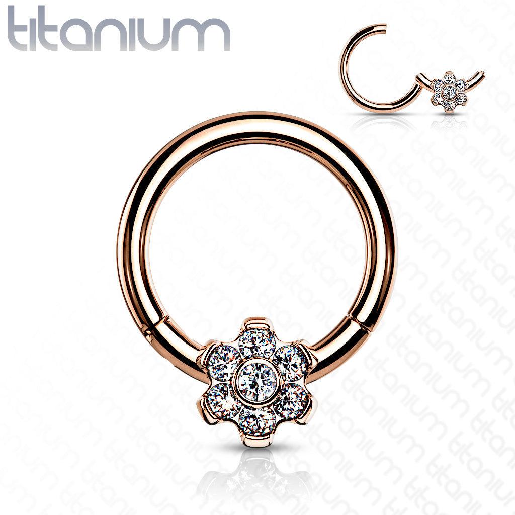 Piercing ring, Implant Grade Titanium Ring with CZ Flower in Rosegold