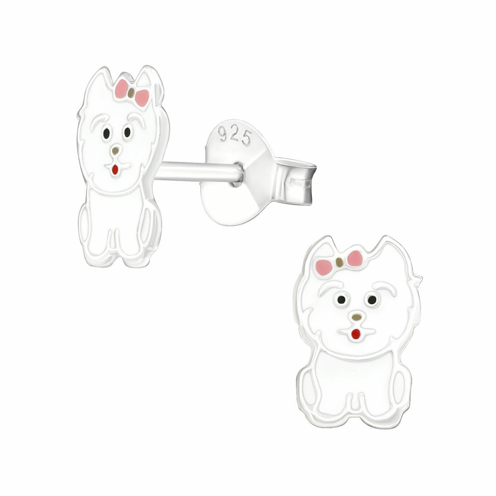 Silver stud earrings, White fluffy cat with pink bow