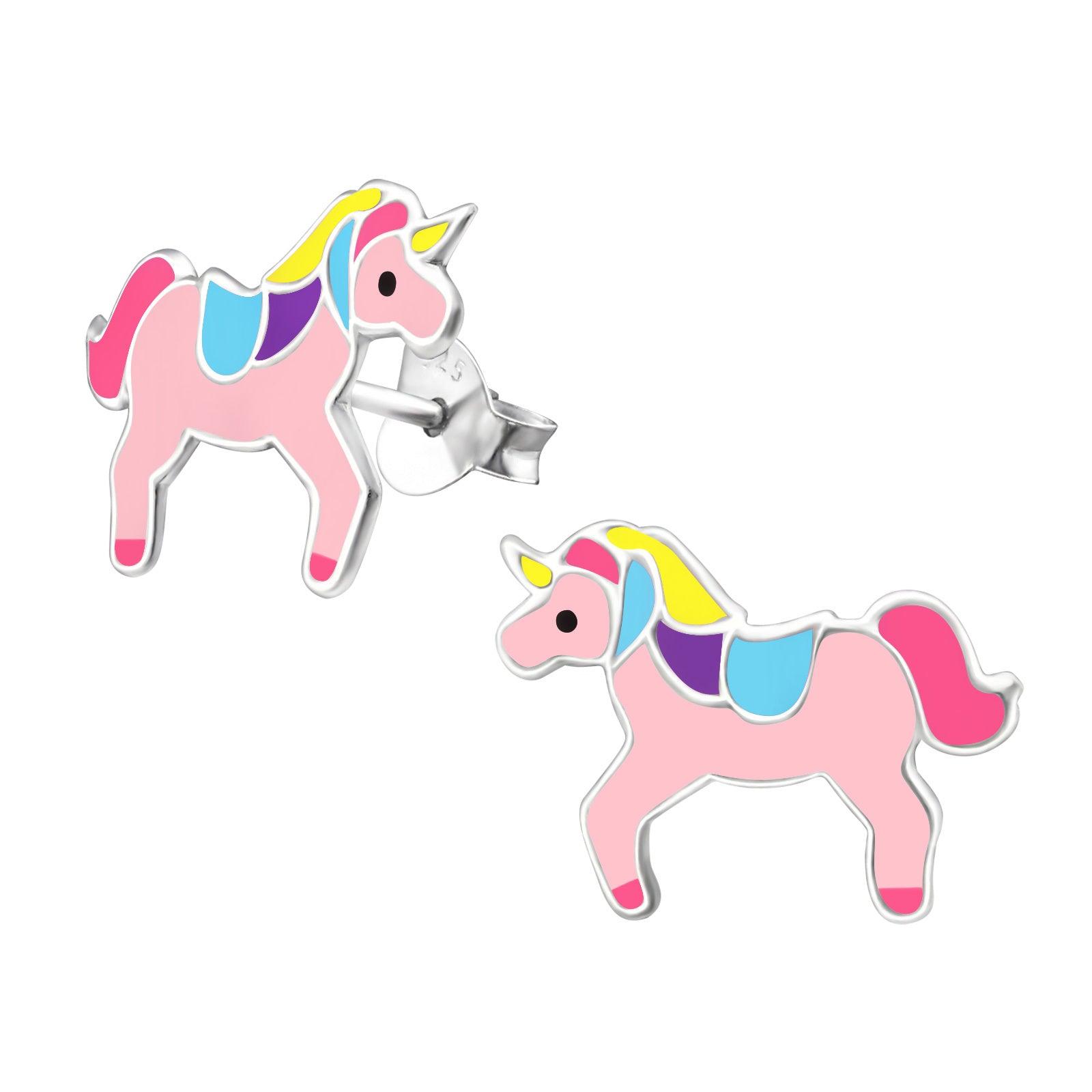 Silver stud earrings, Pink Unicorn