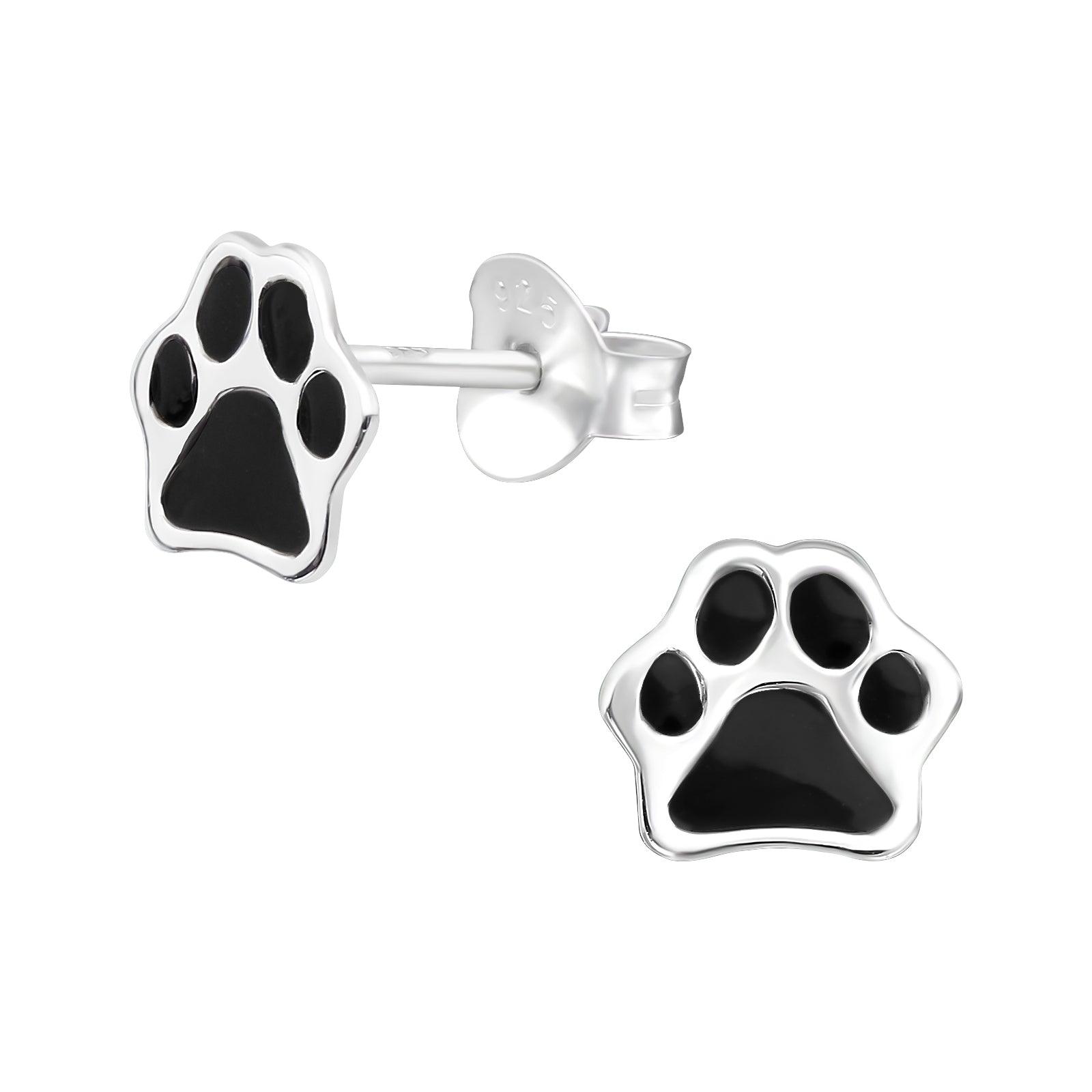 Silver stud earrings, Black Paw Print stud earrings