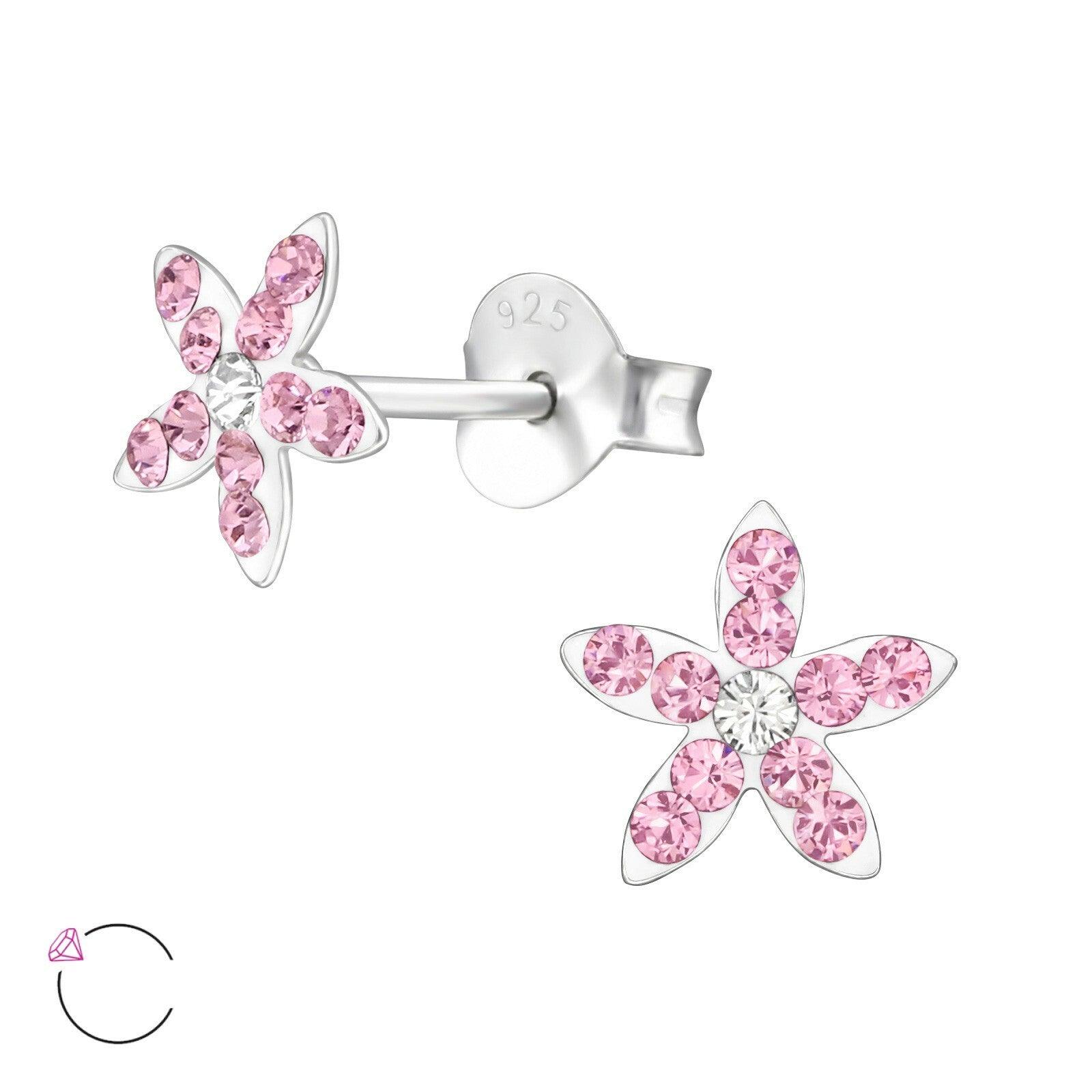 Children's silver earrings, LA CRYSTALE, Pink Flower