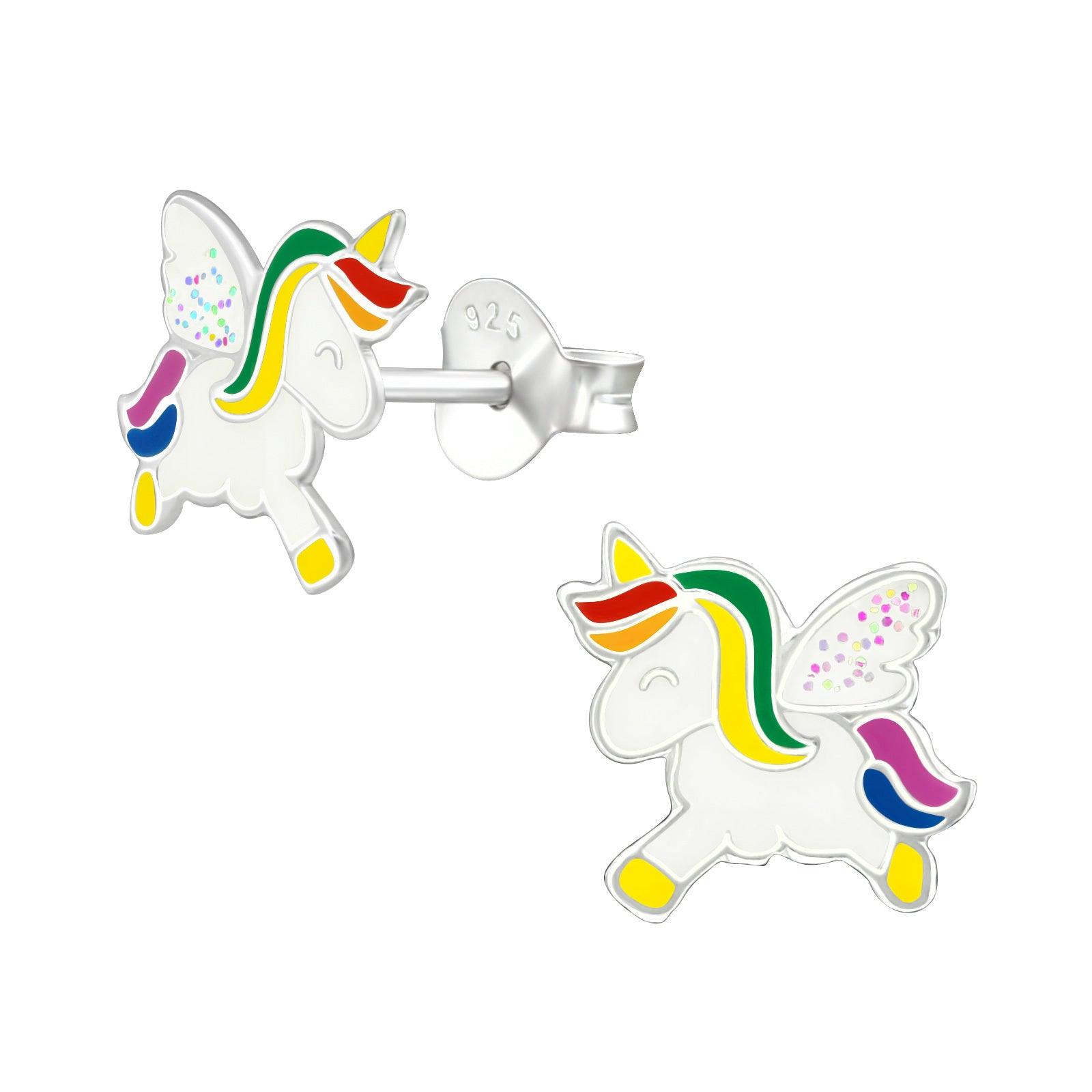 Silver stud earrings, Unicorn with Glitter Wings - white unicorn