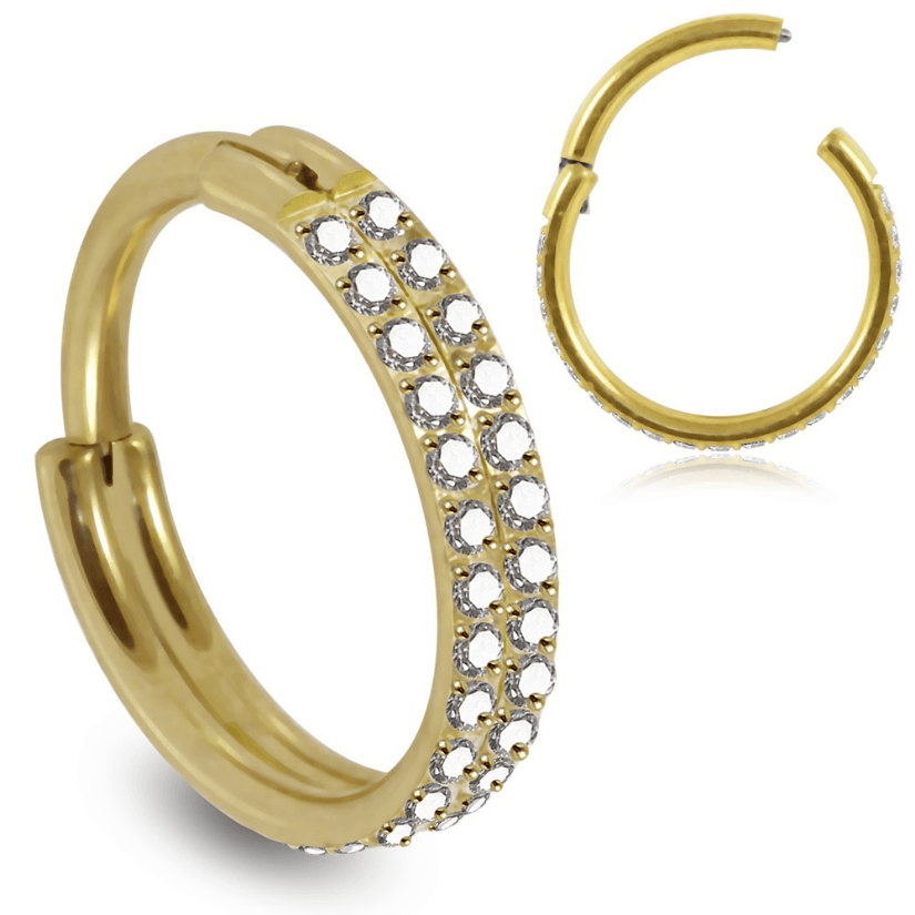 Piercing Ring, Premium Double Line CZ Segment Clicker in Gold