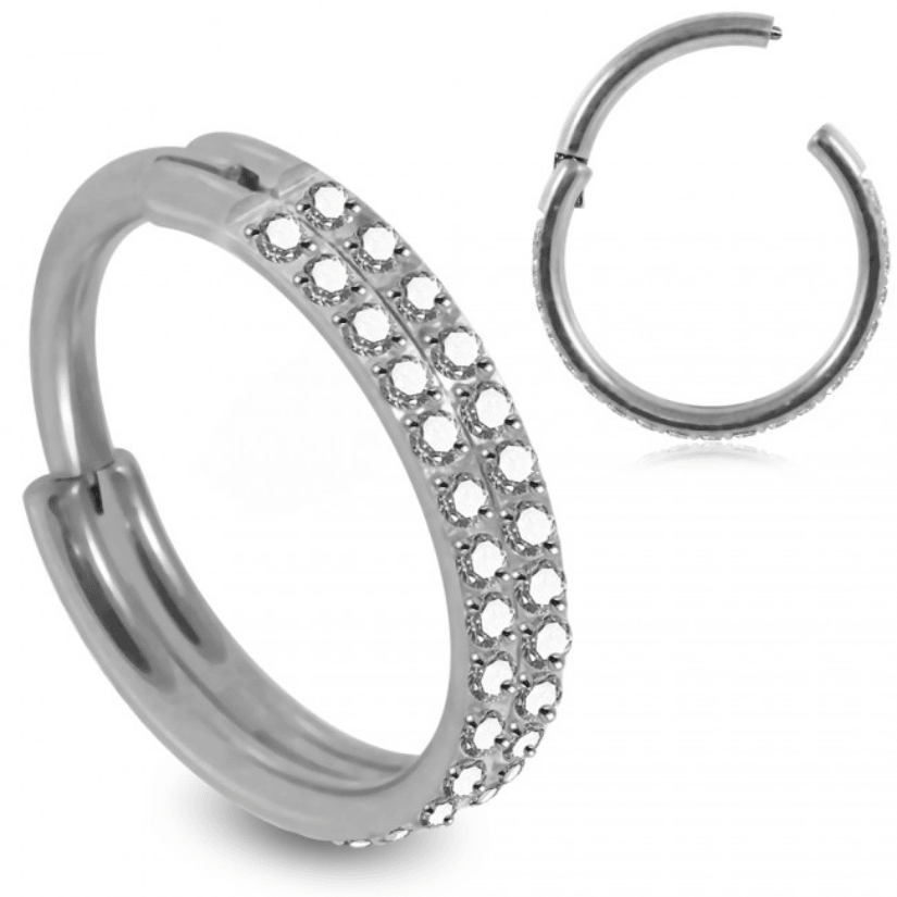 Piercing Ring, Premium Double Line CZ Segment Clicker in Steel