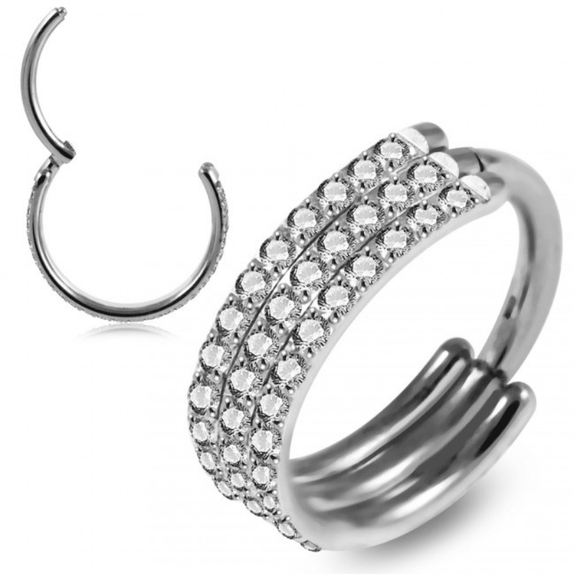 Piercing Ring, Premium Triple Line CZ Segment Clicker in Steel