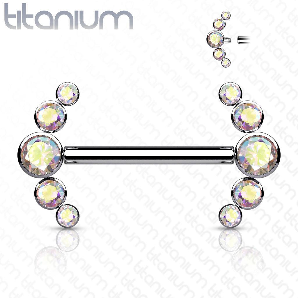 Nipple barbell, Titanium Barbells with 5 Bezel Set CZ in Clear AB