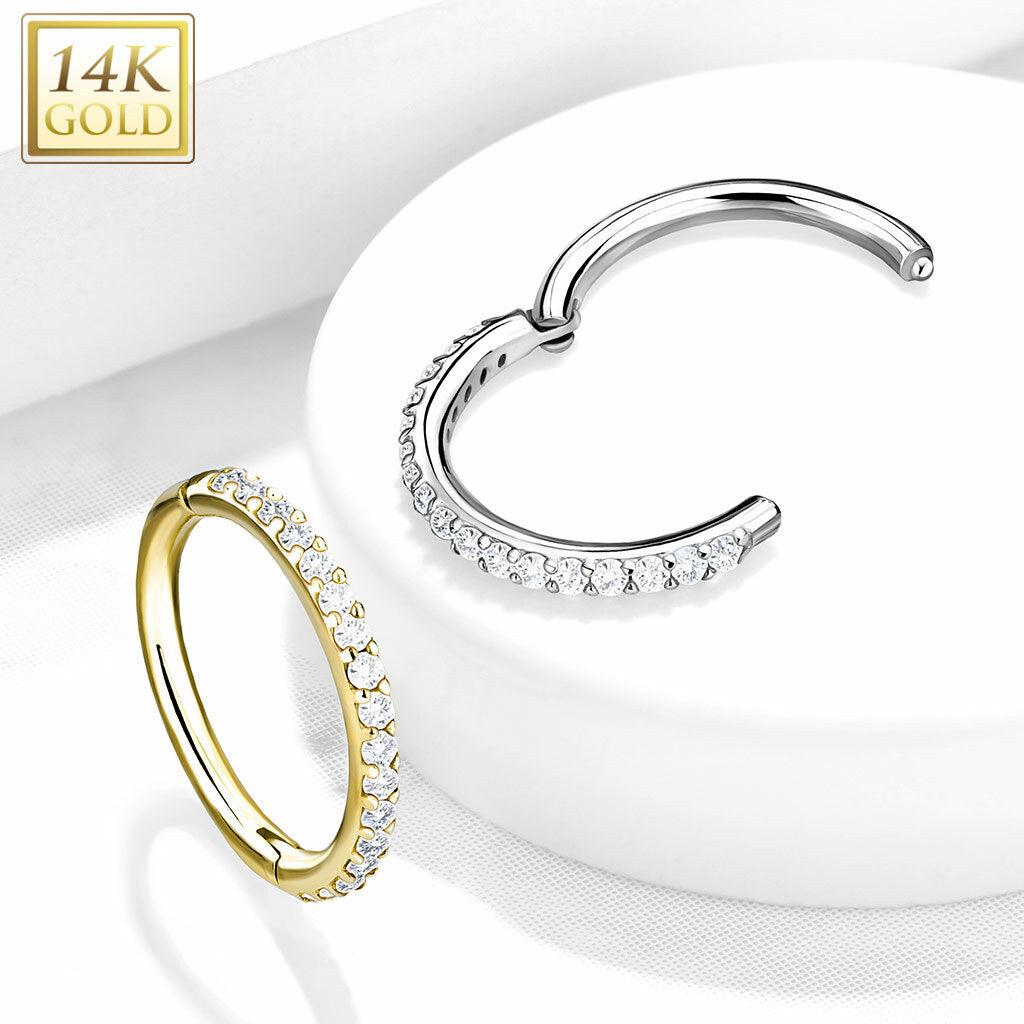 Piercing Ring, 14K Gold CZ Paved Half Circle Hinged Ring