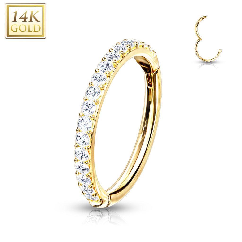 Piercing Ring, 14K Gold CZ Paved Half Circle Hinged Ring