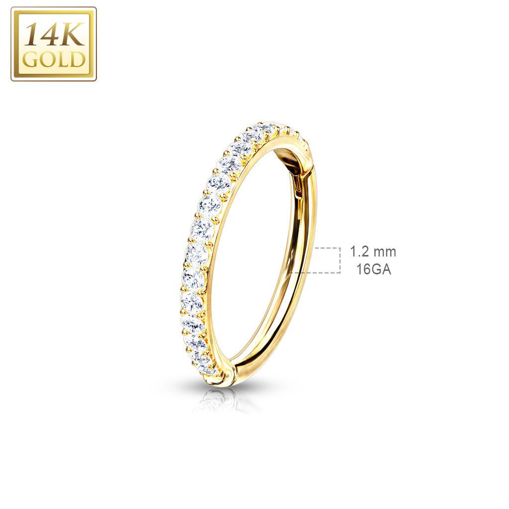 Piercing Ring, 14K Gold CZ Paved Half Circle Hinged Ring