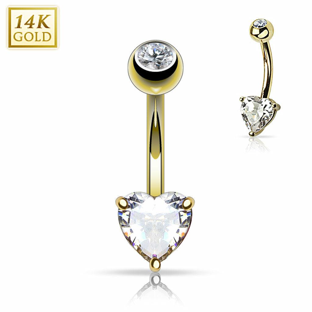 Napakoru, 14K Heart CZ Prong Set Navel Ring  -kultainen napakoru