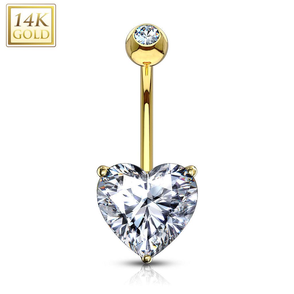 Napakoru, 14K Heart CZ Prong Set Navel Ring  -kultainen napakoru