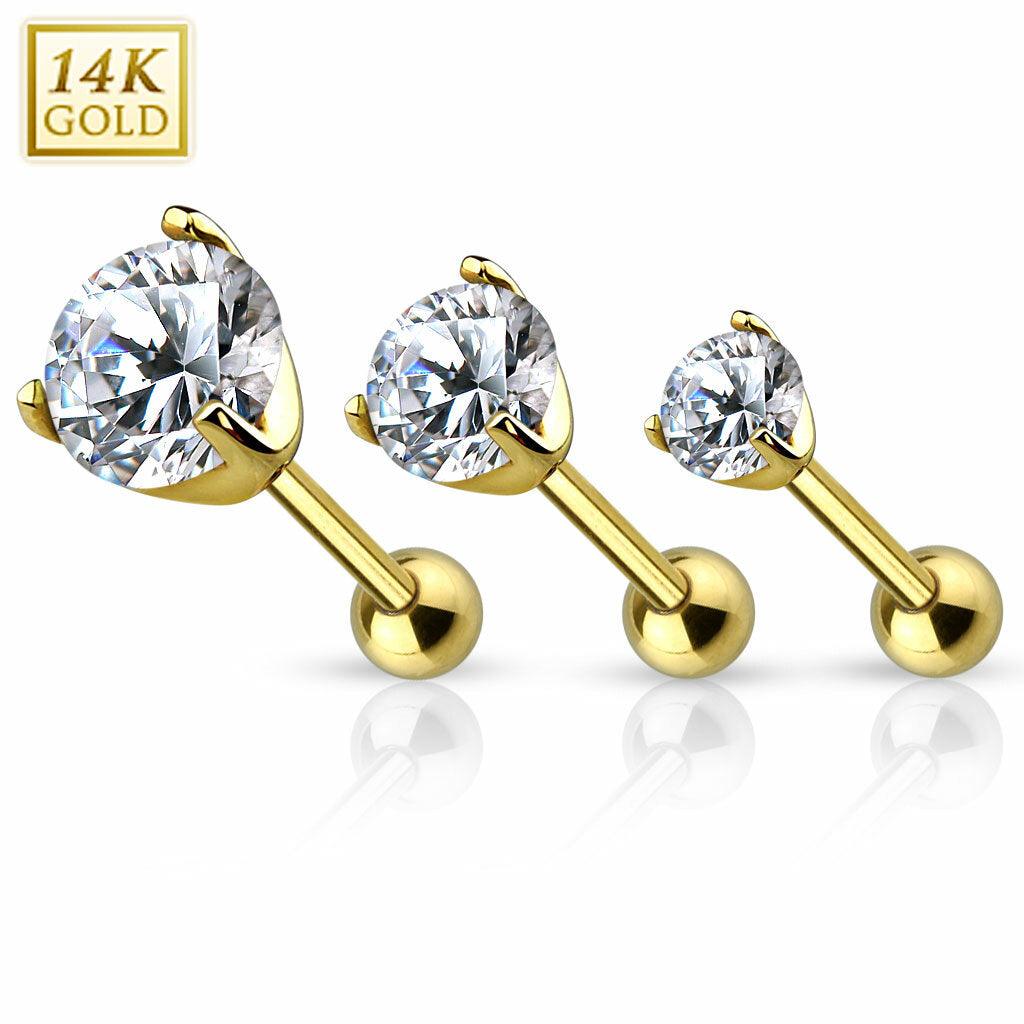 Barbell, 14K Gold Prong Set CZ Top - gold barbell jewelry