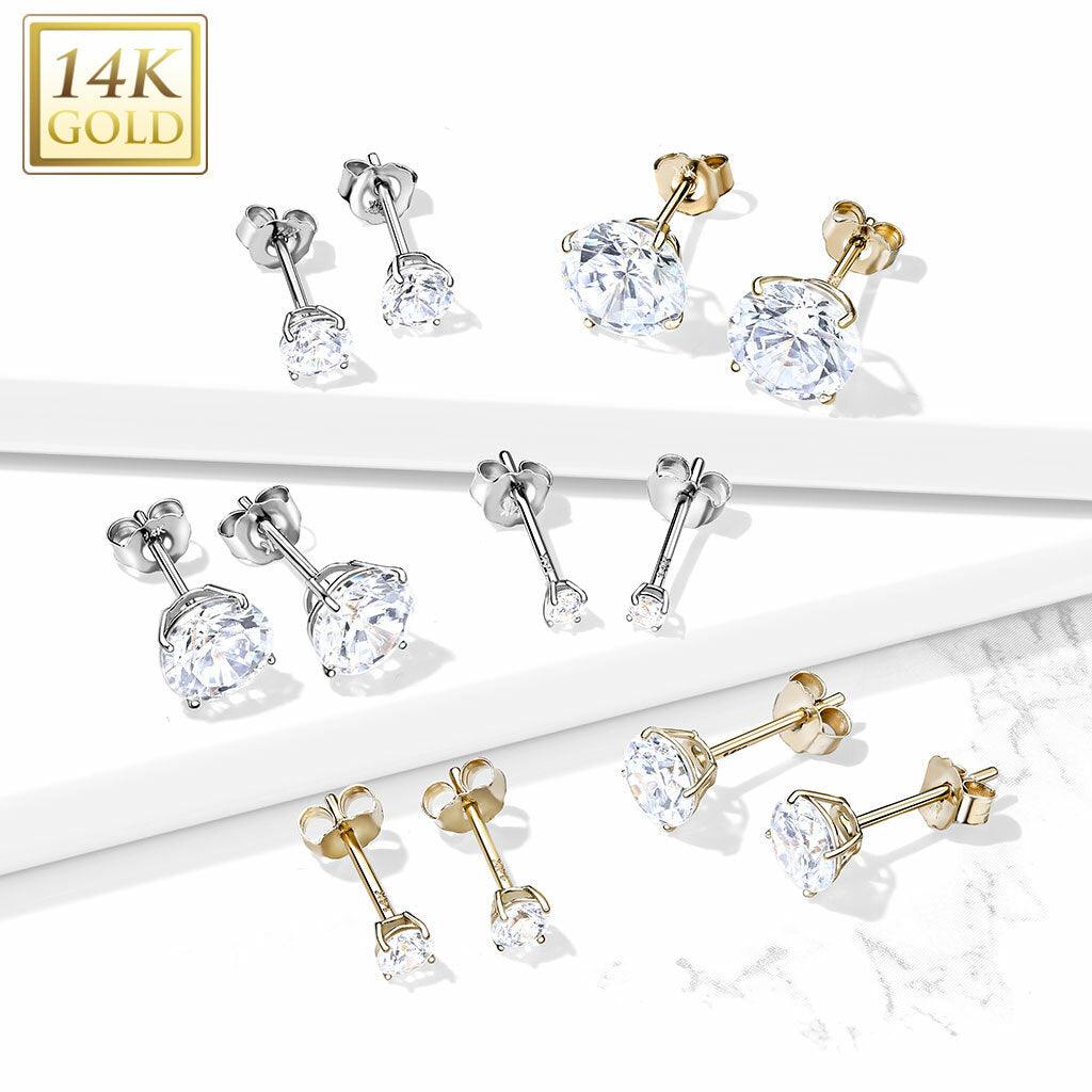 Stud Earrings, 14K Gold CZ Top Earrings, Four Different Sizes