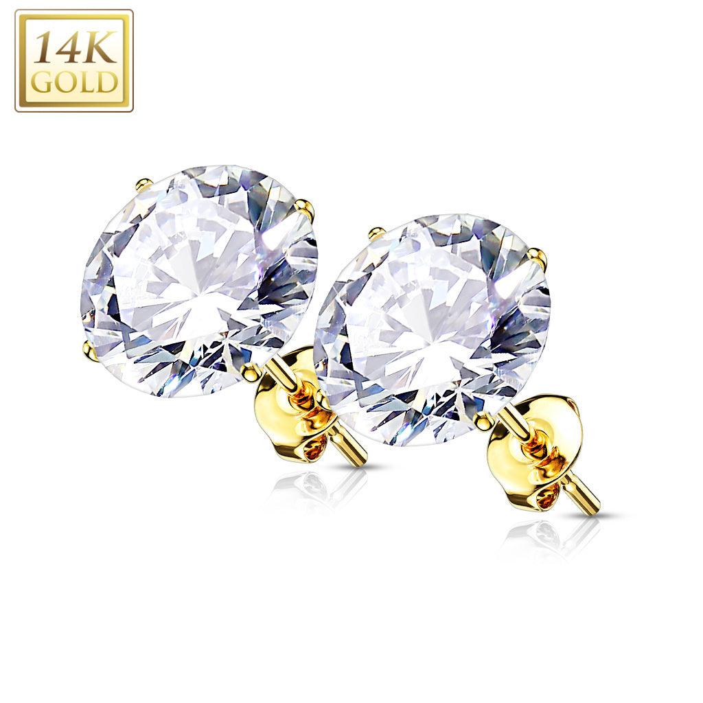 Stud Earrings, 14K Gold CZ Top Earrings, Four Different Sizes