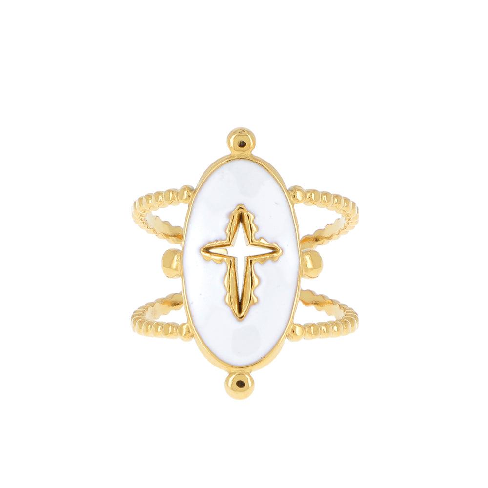 Ring, BOHM PARIS|Bague Gabrielle dorée Blanc cross ring