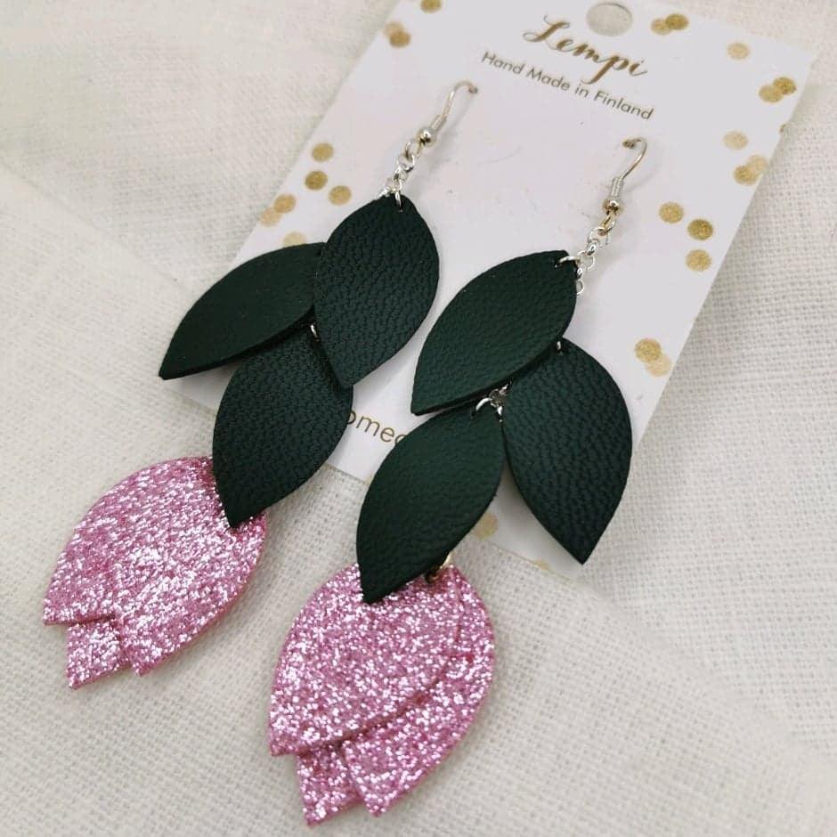 LEMPI earrings, Leafy tulip (pink glitter)