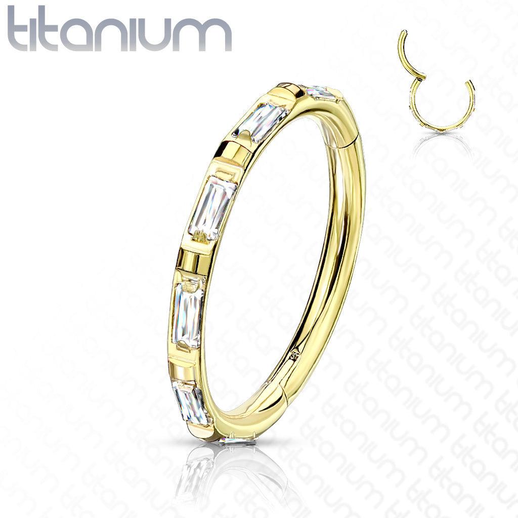 Piercing ring, Titanium Ring Rectangular Baguette CZ in Gold