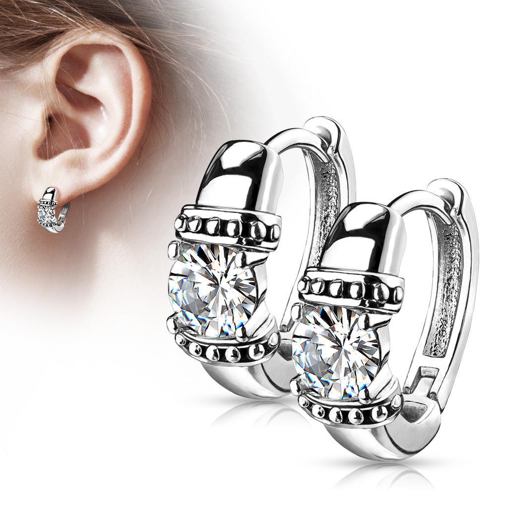 Earrings, Antique Silver Hoop Rings with Zirconia