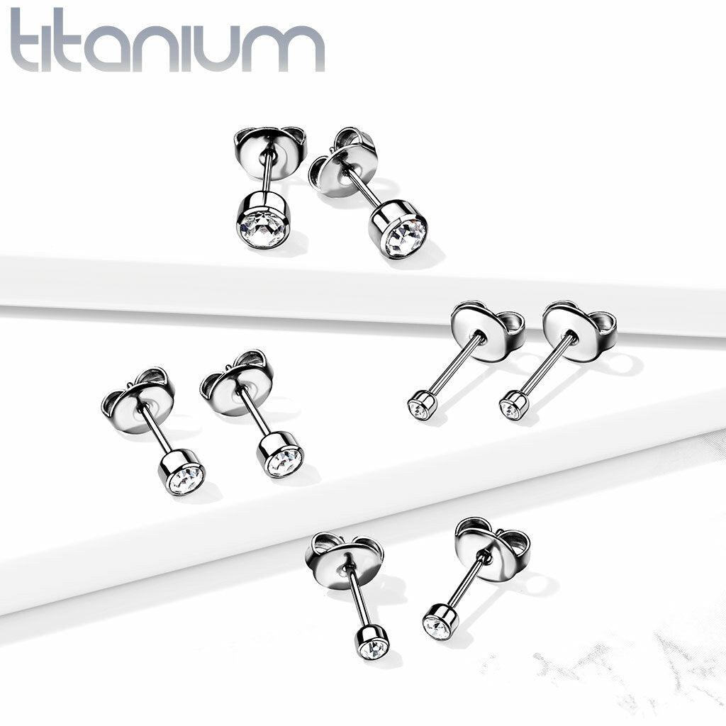 Titanium Stud Earrings, Round Titanium Cubic Zirconia (three sizes)