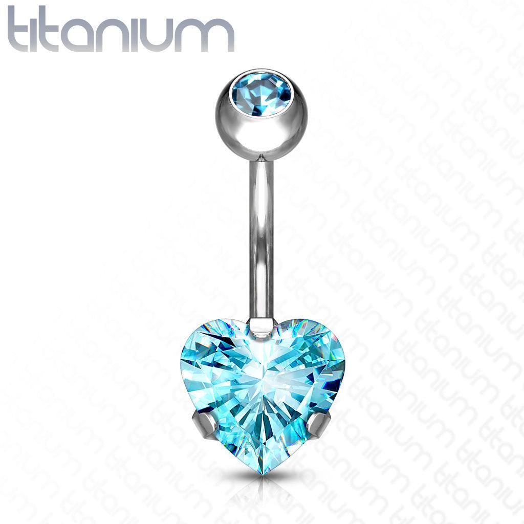 Navel jewelry, Implant Grade Titanium Prong Set Heart CZ in Turqoise