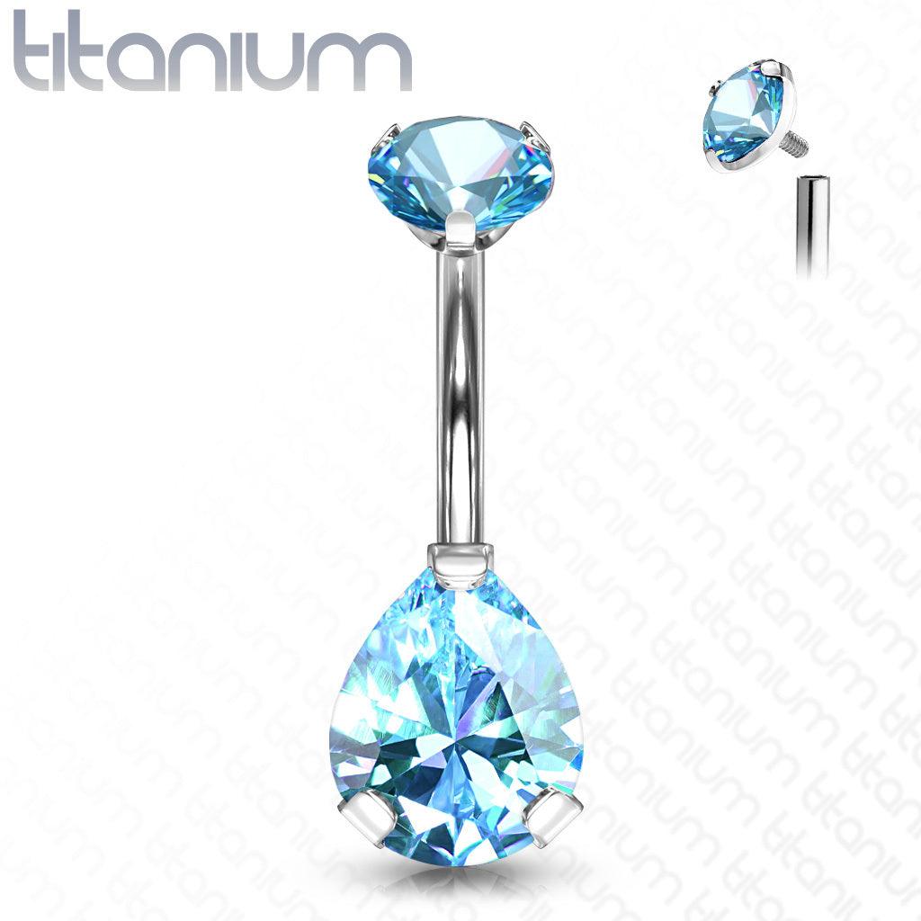 Titanium nose ring, Teardrop CZ turquoise nose ring