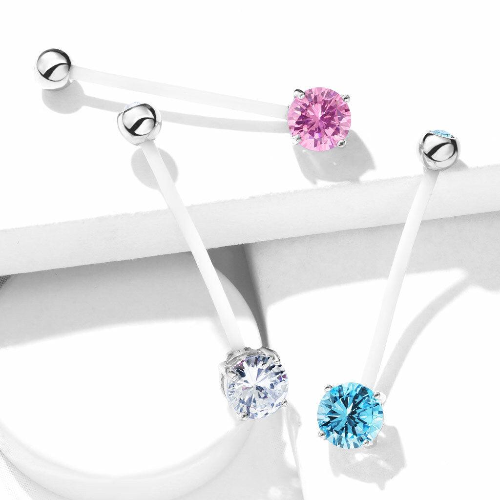 Pregnancy navel ring, Flexible CZ Prong Set Navel Ring