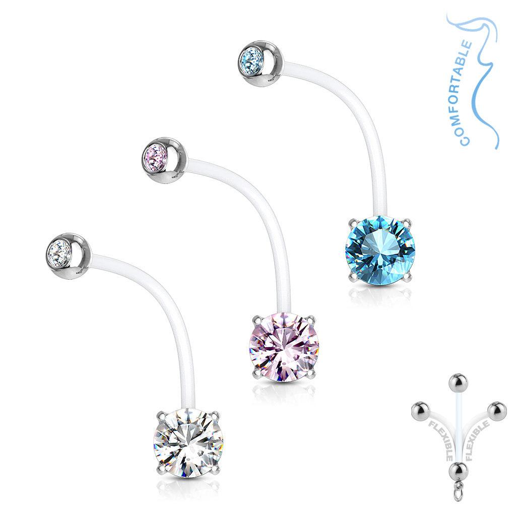 Pregnancy navel ring, Flexible CZ Prong Set Navel Ring