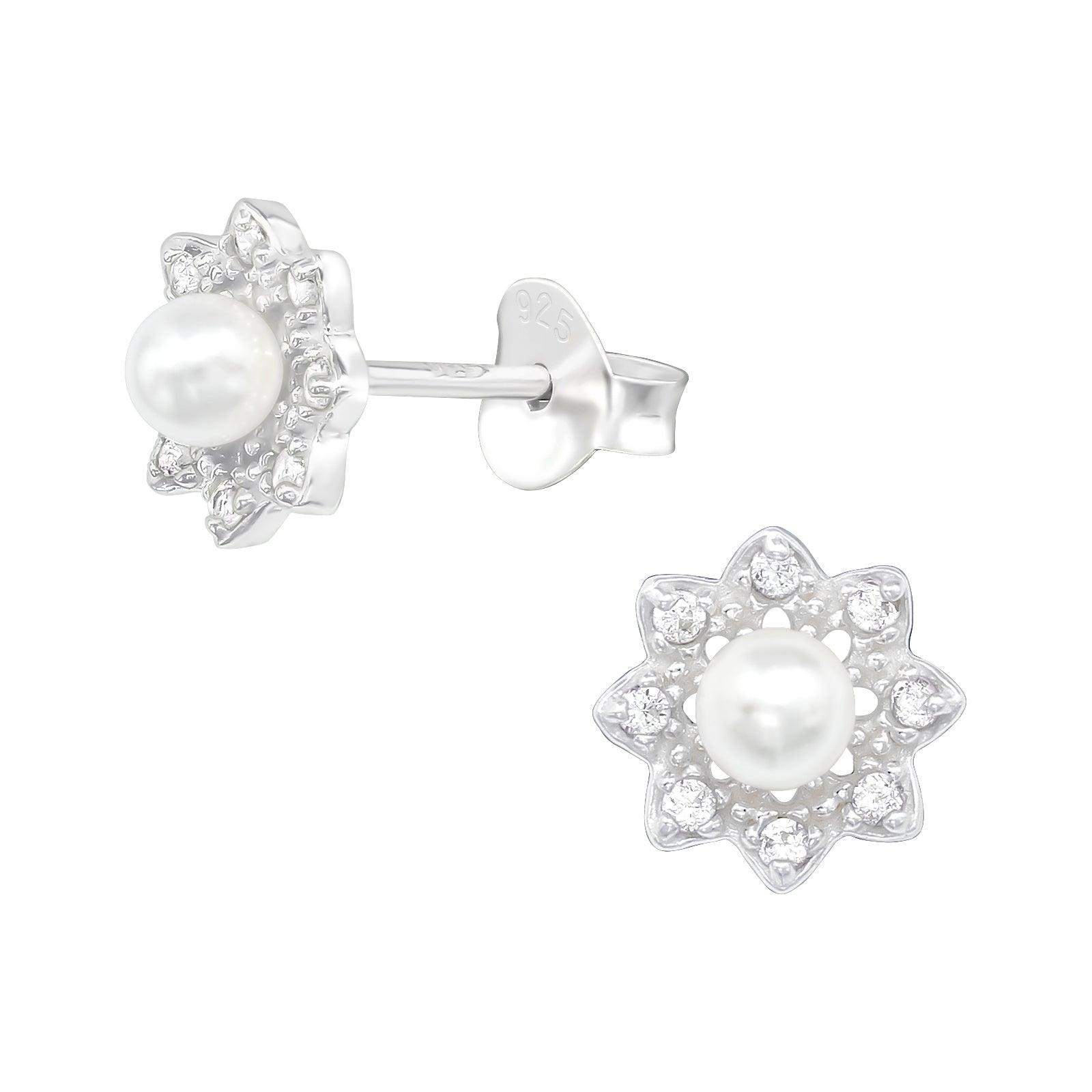 Silver earrings, Flower Pearl Earstuds with Crystals