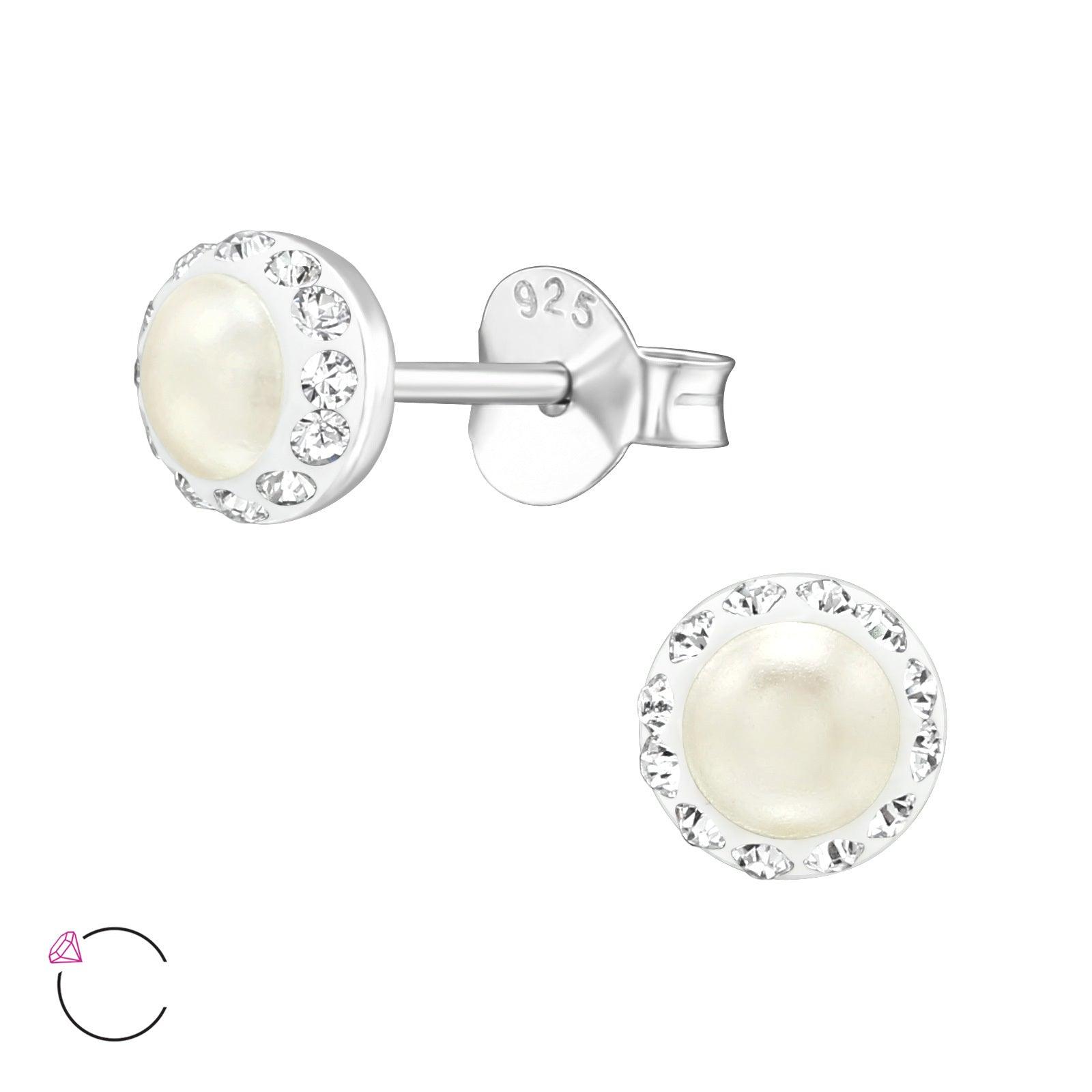 Silver ear studs, LA CRYSTALE|Round Pearl Earstuds with Crystals