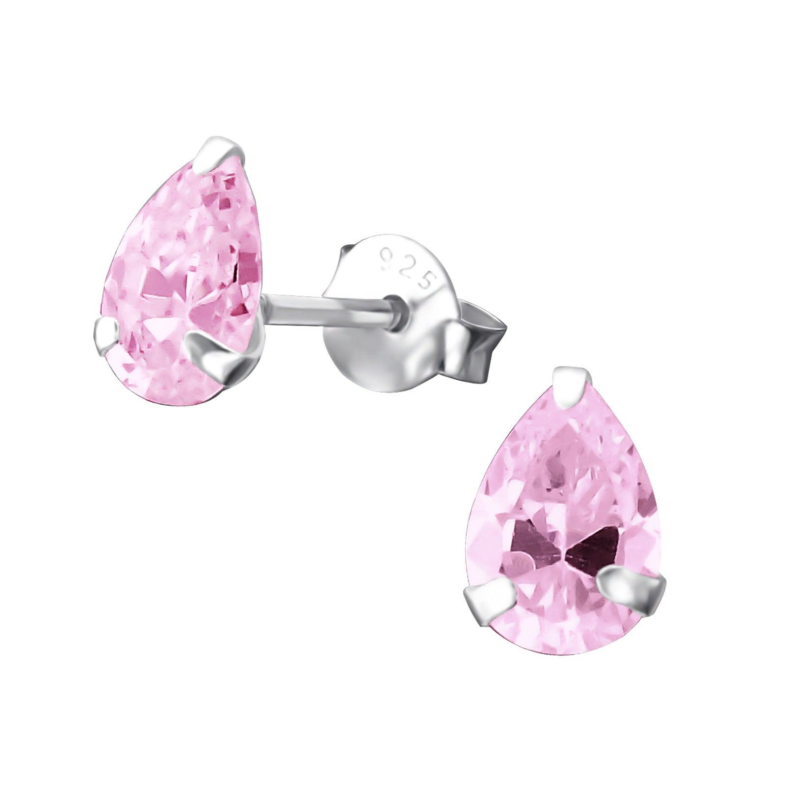 Silver ear studs, Pink Teardrop Earrings with CZ