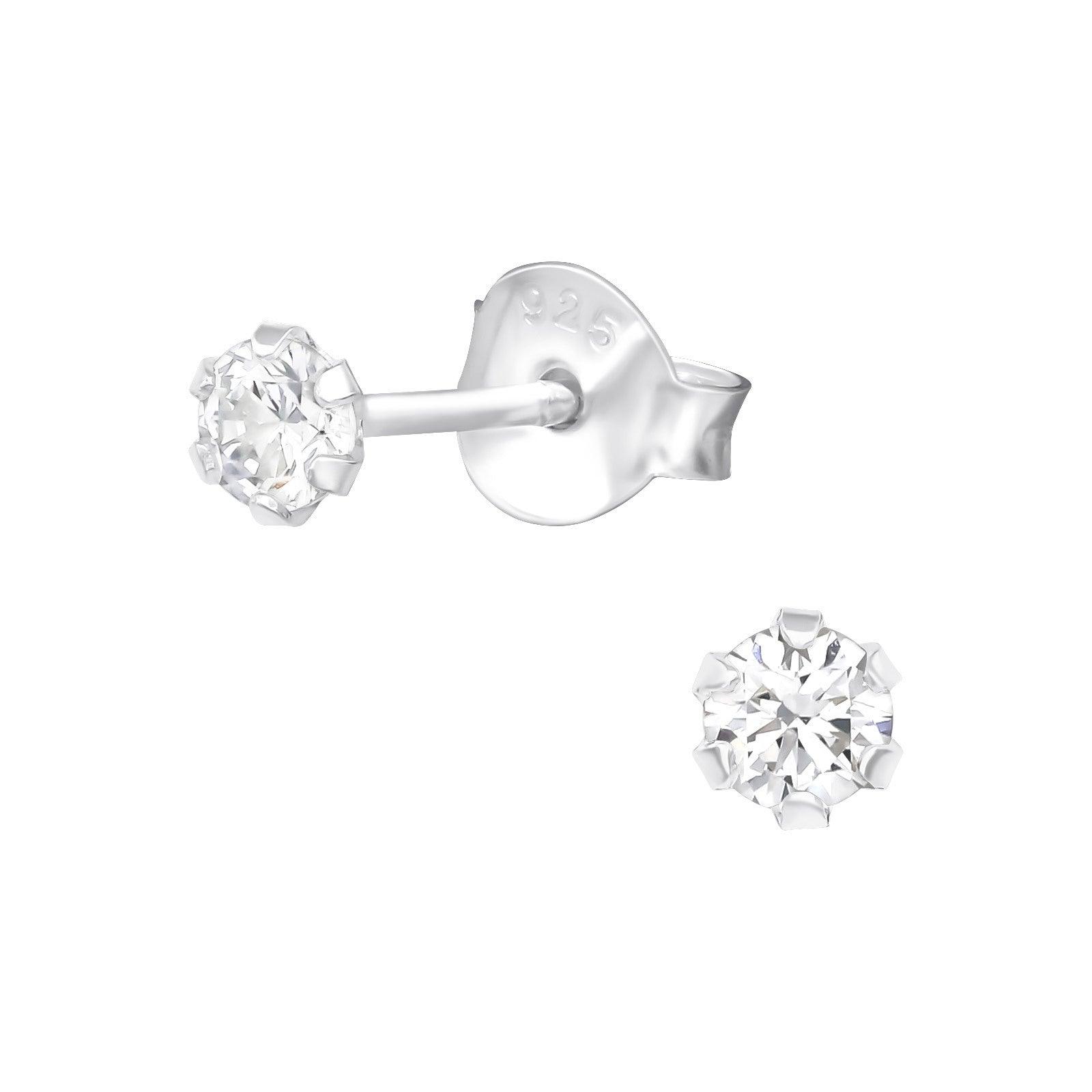 Silver stud earrings, Basic Round 3mm Crystal glitter studs