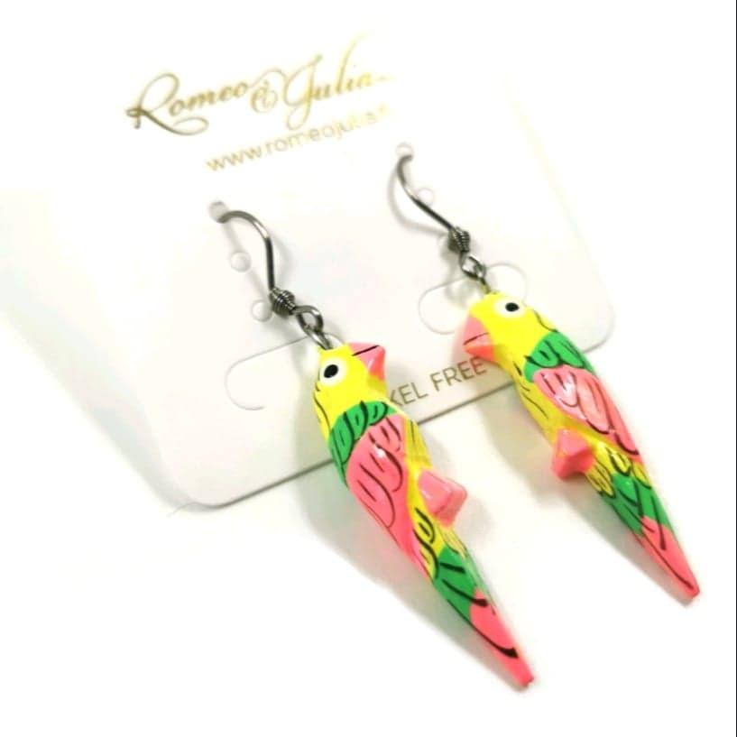 Wooden earrings, Little Parrot (yellow-pink-green)