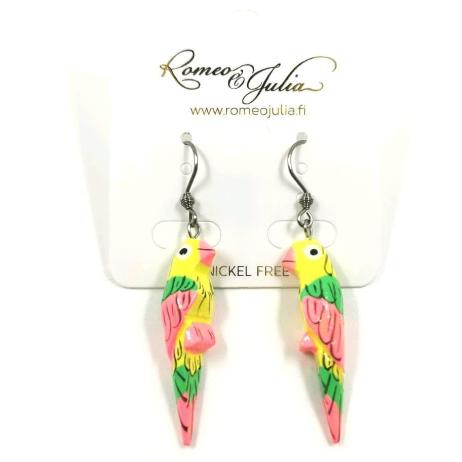 Wooden earrings, Little Parrot (yellow-pink-green)